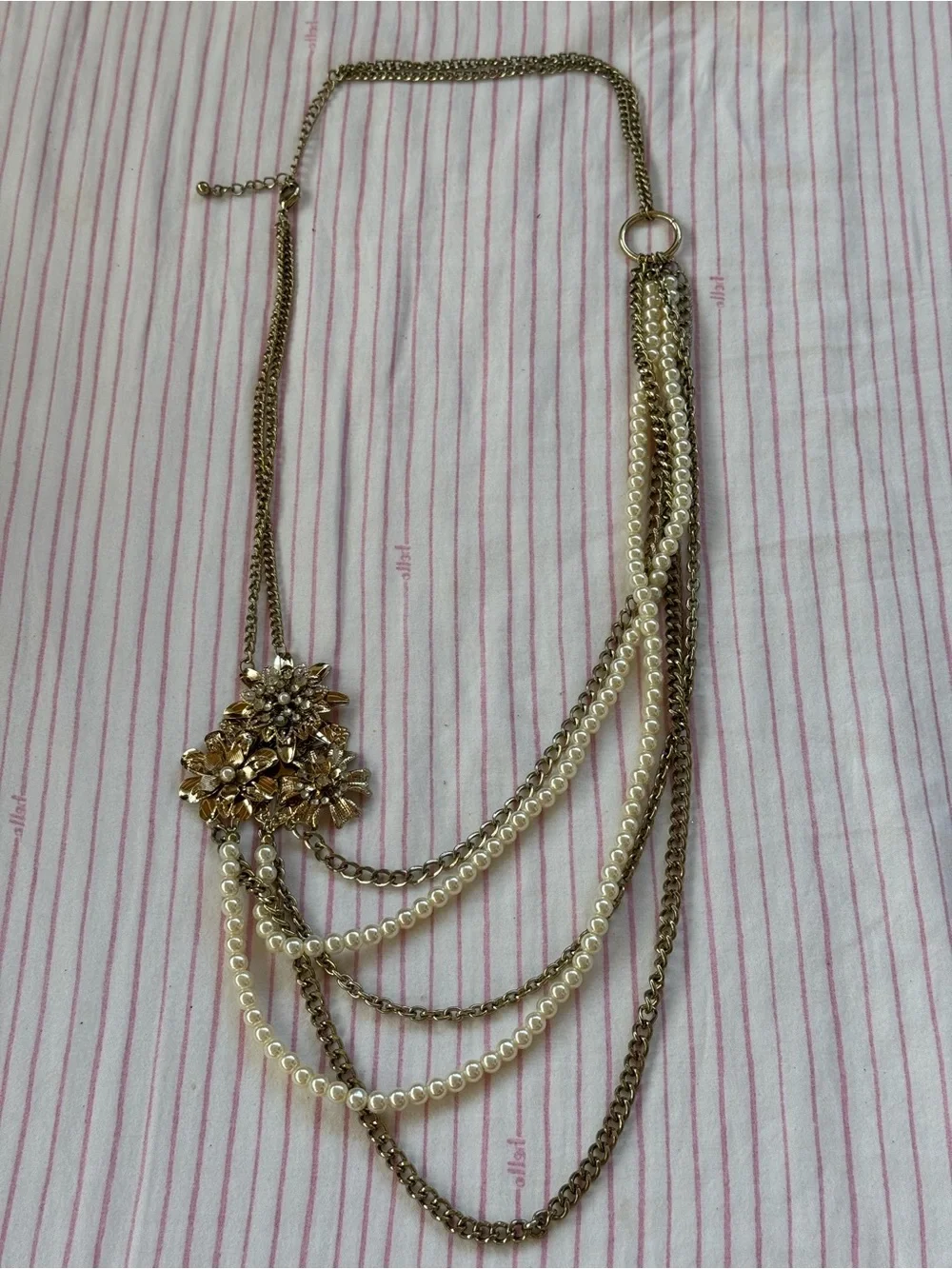 Gold-Tone Multi-Strand Pearl & Chain Necklace with Floral Accent, GUC